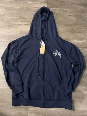 Basic Stussy Navy blue Full-Zip Hoodie with Chest and back Logo mens small nwt